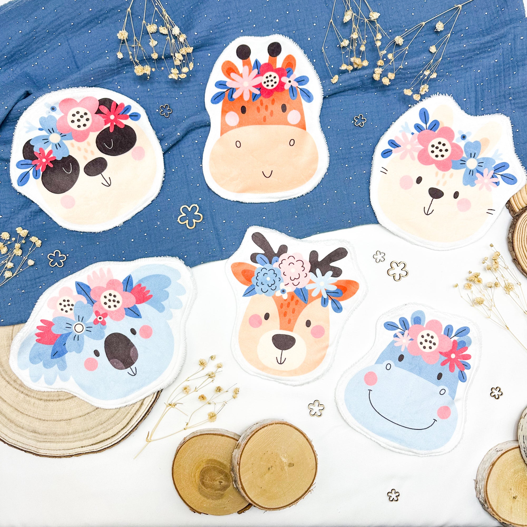 Coton lavable bébé XXL – animaux avec fleurs – coton réutilisable et ultra doux