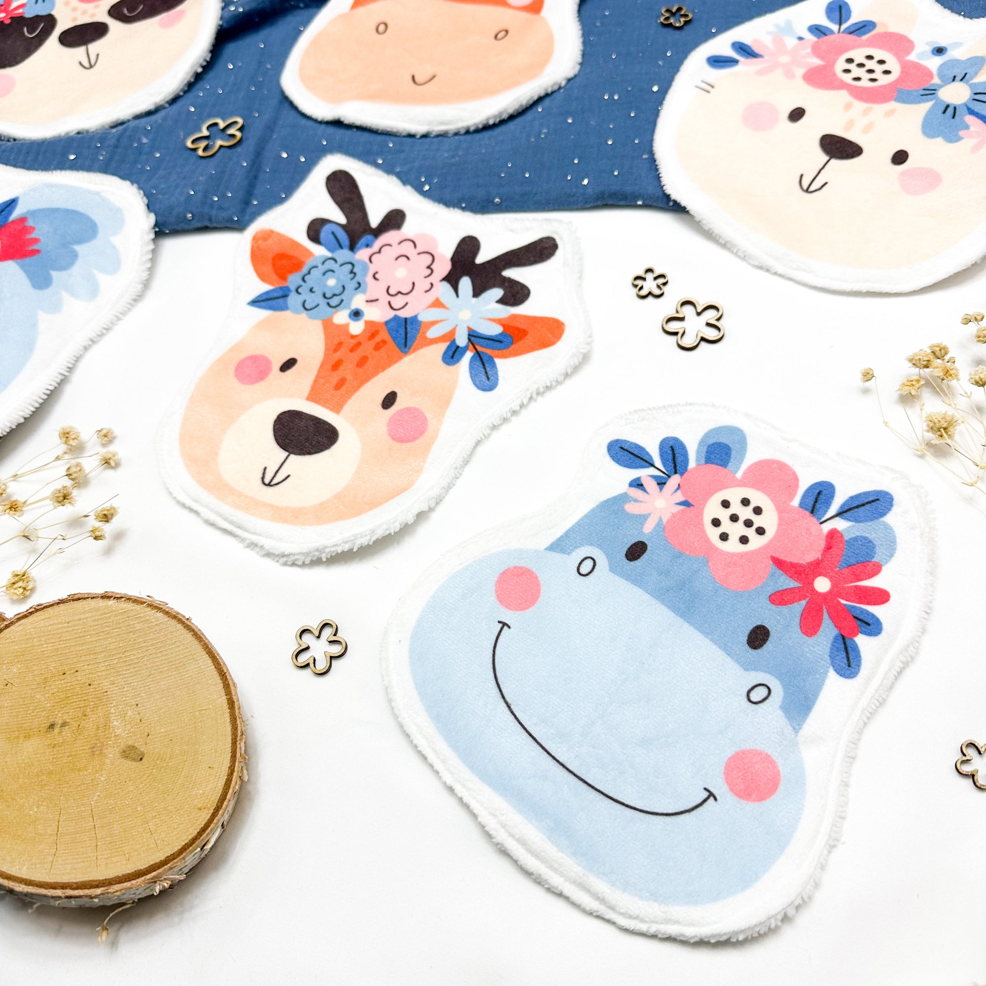 Coton lavable bébé XXL – animaux avec fleurs – coton réutilisable et ultra doux