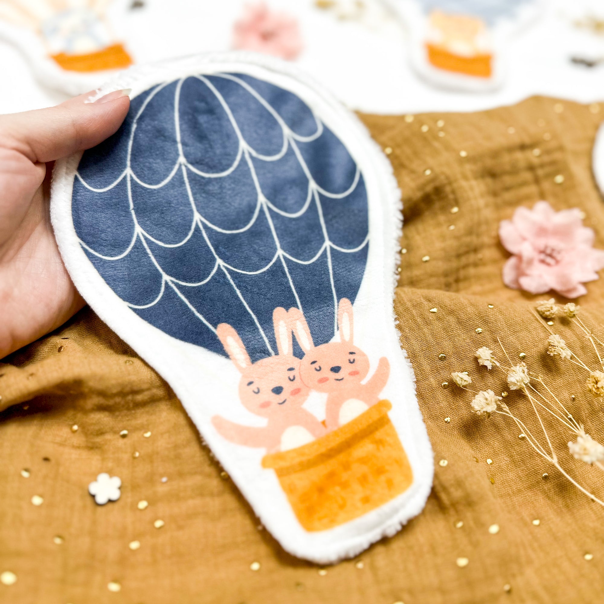 Coton lavable bĂ©bĂ© XXL â lapins en montgolfiĂšre â coton rĂ©utilisable et ultra doux