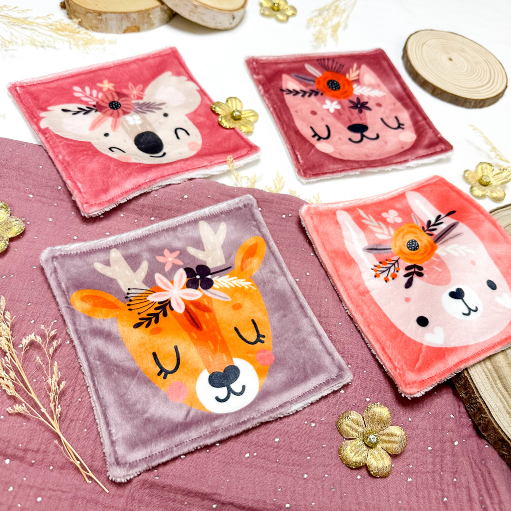 Cotons Lavables Bébé 15x15cm  – Compagnons en Fleurs - Lot De 4