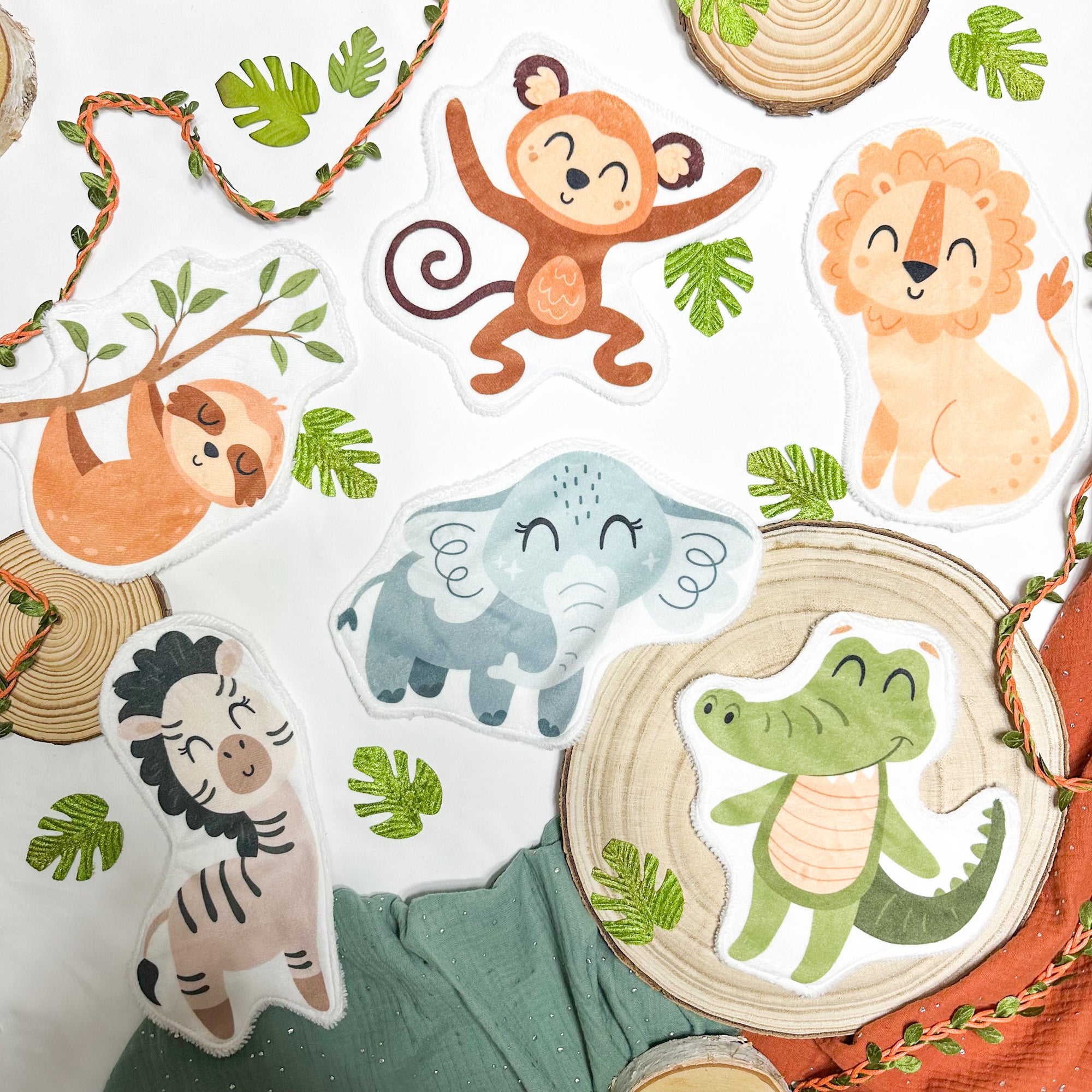 Coton lavable bébé XXL – animaux de la jungle – coton réutilisable et ultra doux