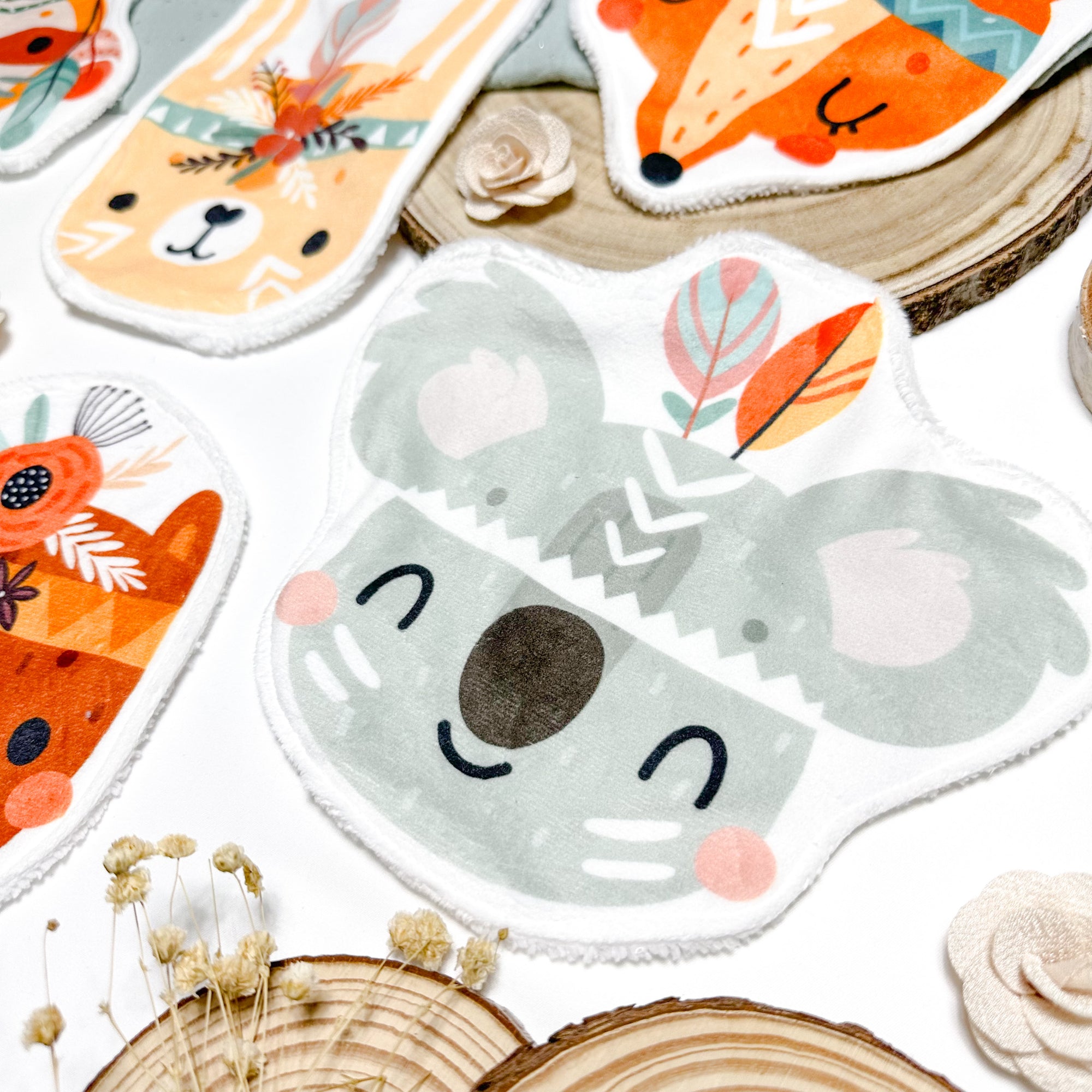 Coton lavable bébé XXL – koala indien avec plumes – coton réutilisable et ultra doux