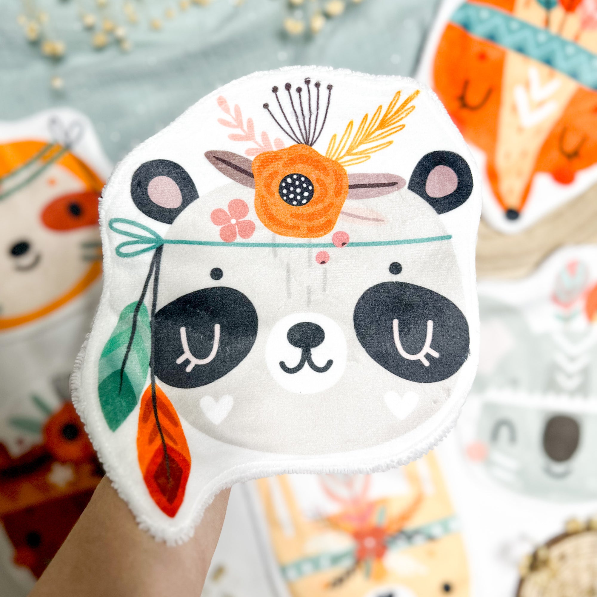 Coton lavable bébé XXL – panda indien avec plumes – coton réutilisable et ultra doux