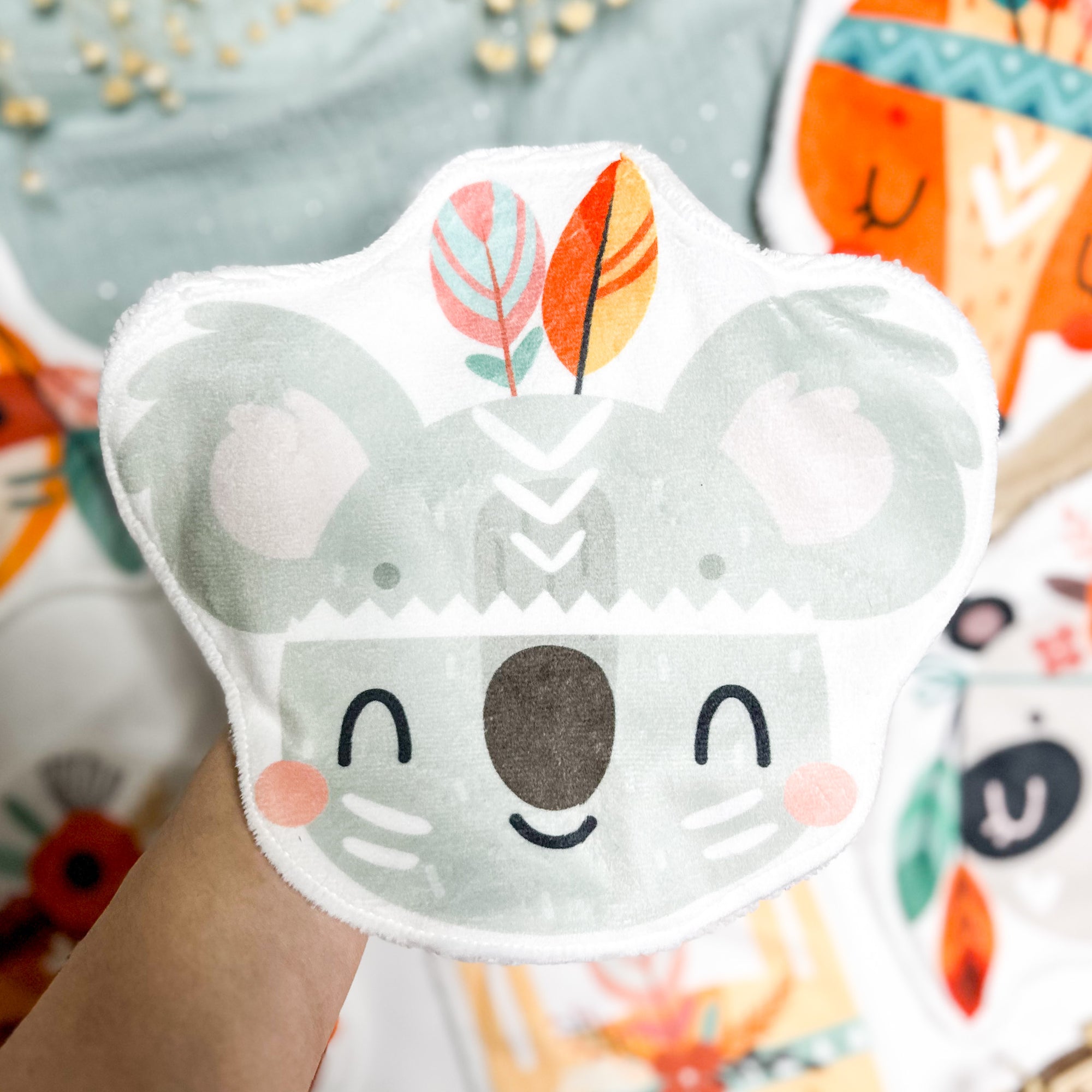Coton lavable bébé XXL – koala indien avec plumes – coton réutilisable et ultra doux