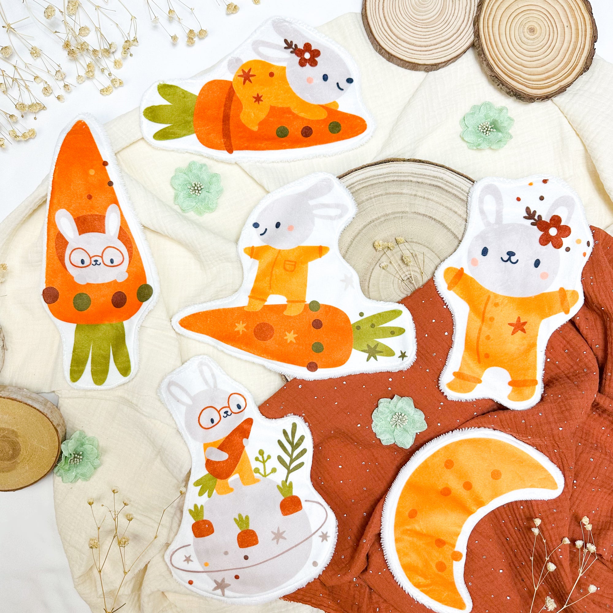 Coton lavable bébé XXL – lapin et carotte  – coton réutilisable et ultra doux