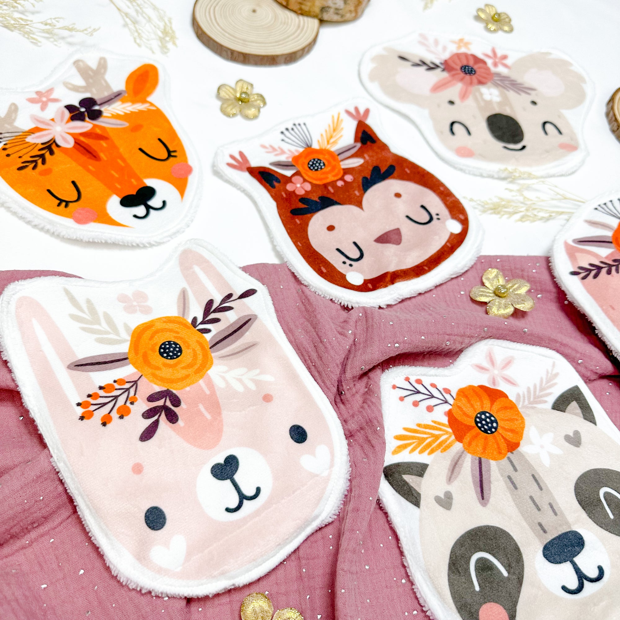 Coton lavable bébé XXL – animaux avec fleurs – coton réutilisable et ultra doux