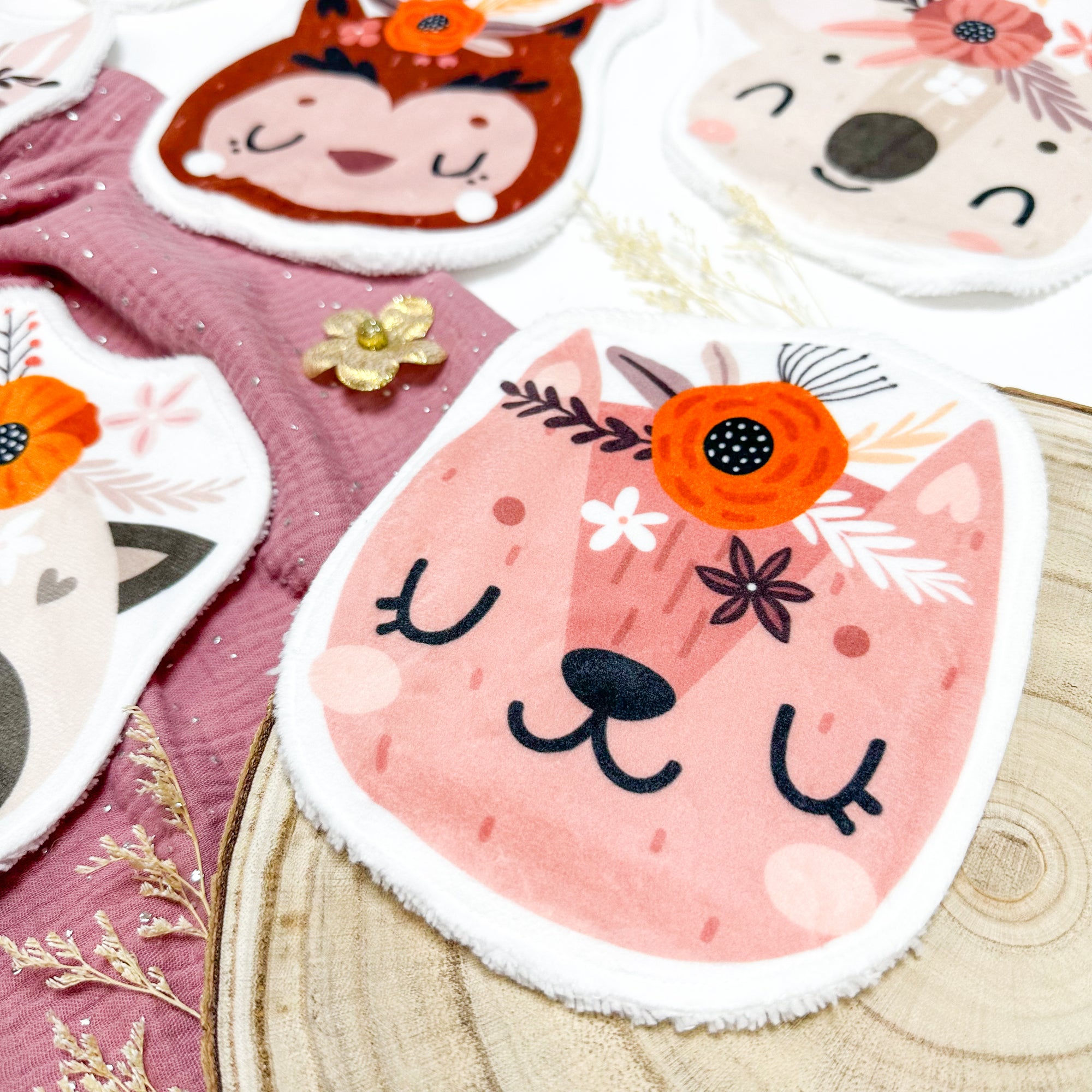 Coton lavable bébé XXL – chat avec fleurs – coton réutilisable et ultra doux