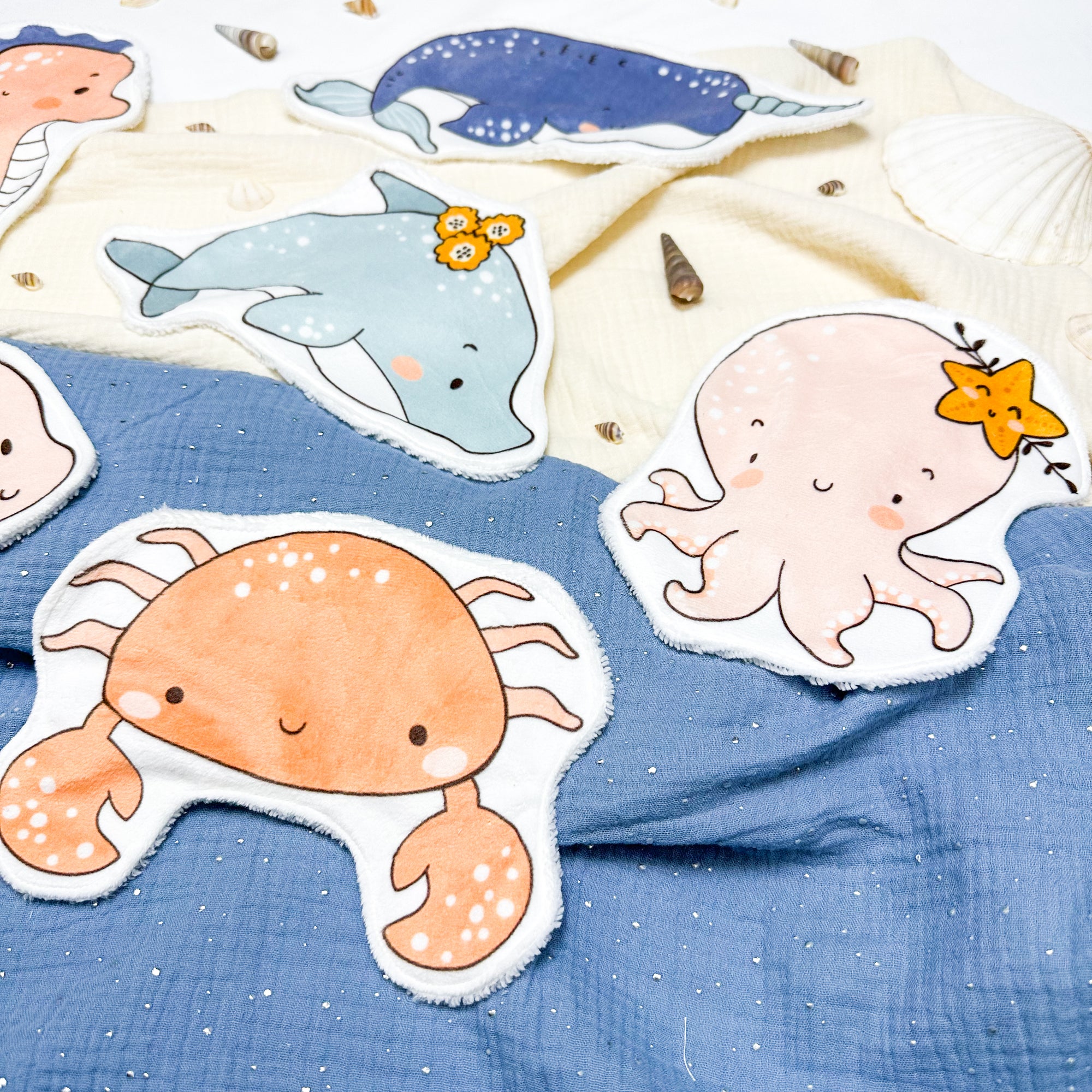 Coton lavable bébé XXL – animaux marins – coton réutilisable et ultra doux