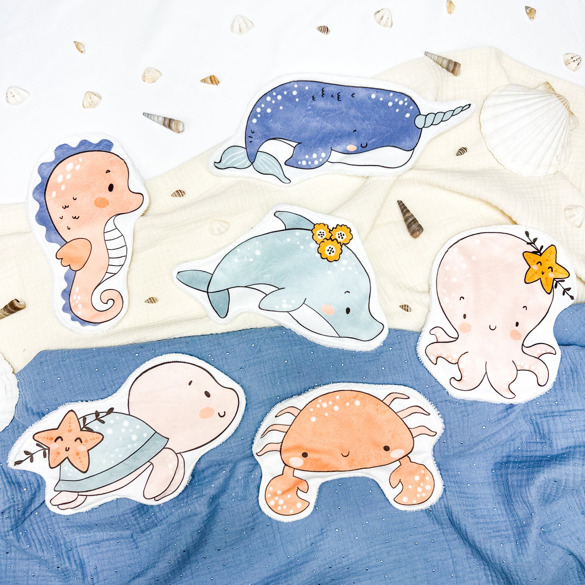 Coton lavable bébé XXL – animaux marins – coton réutilisable et ultra doux