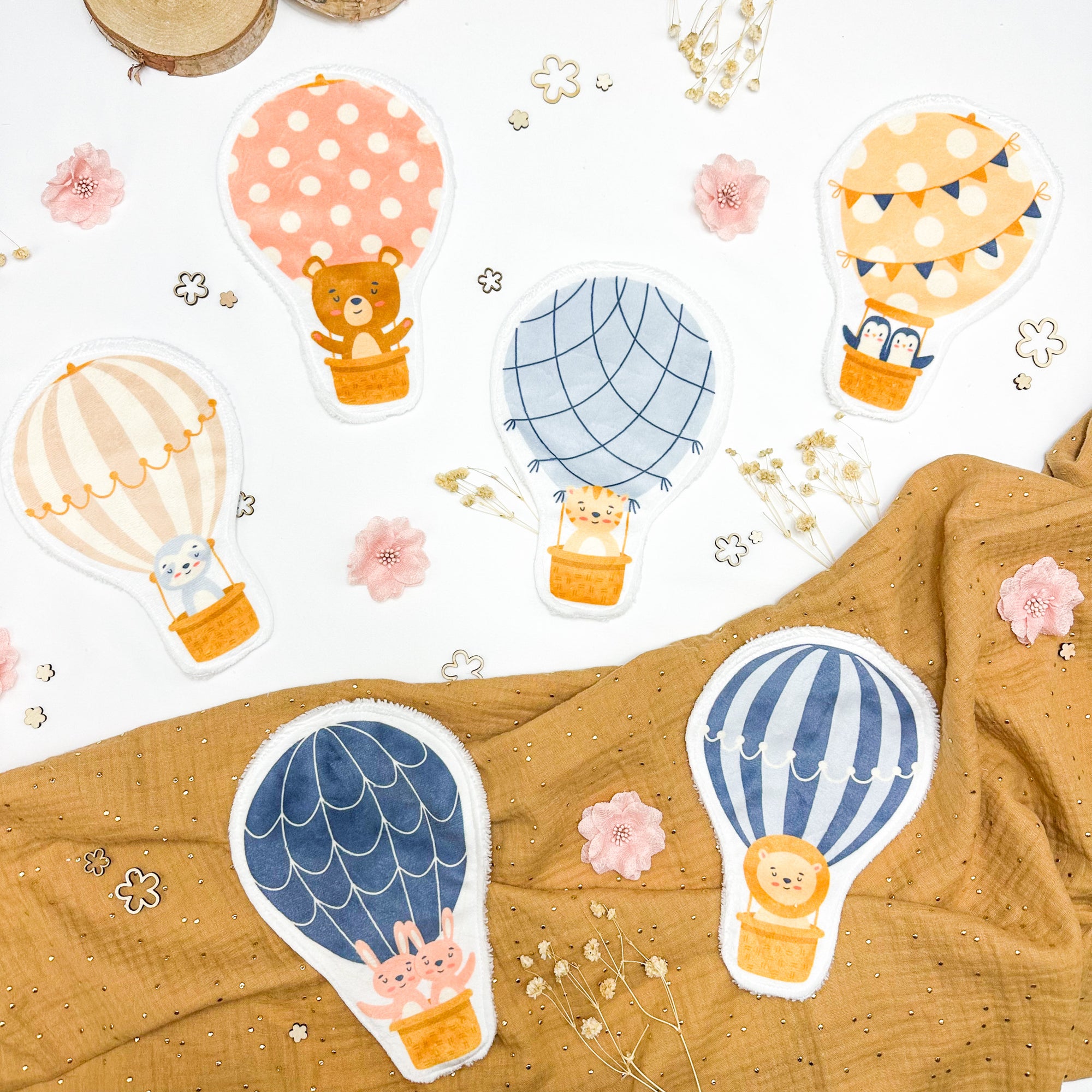 Coton lavable bébé XXL – animaux en montgolfière – coton réutilisable et ultra doux