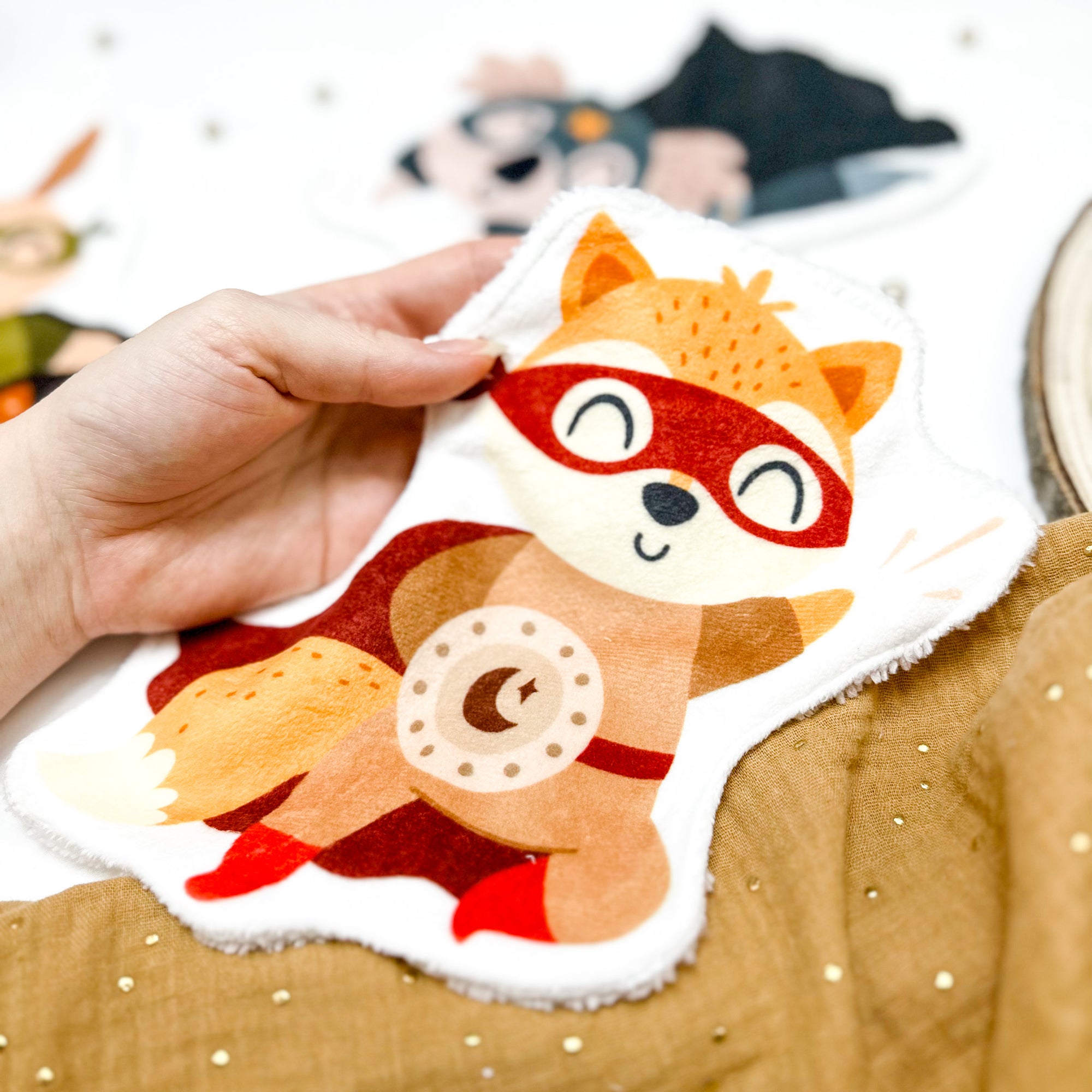 Coton lavable bébé XXL – mini héros renard – coton réutilisable et ultra doux