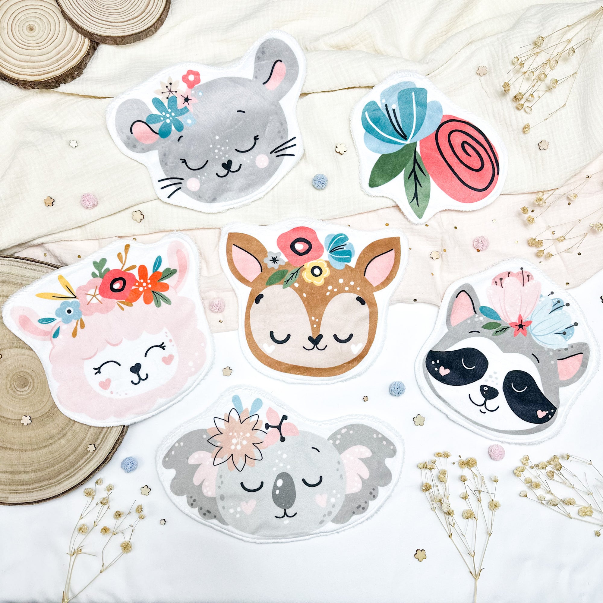 Coton lavable bébé XXL – animaux avec fleurs – coton réutilisable et ultra doux