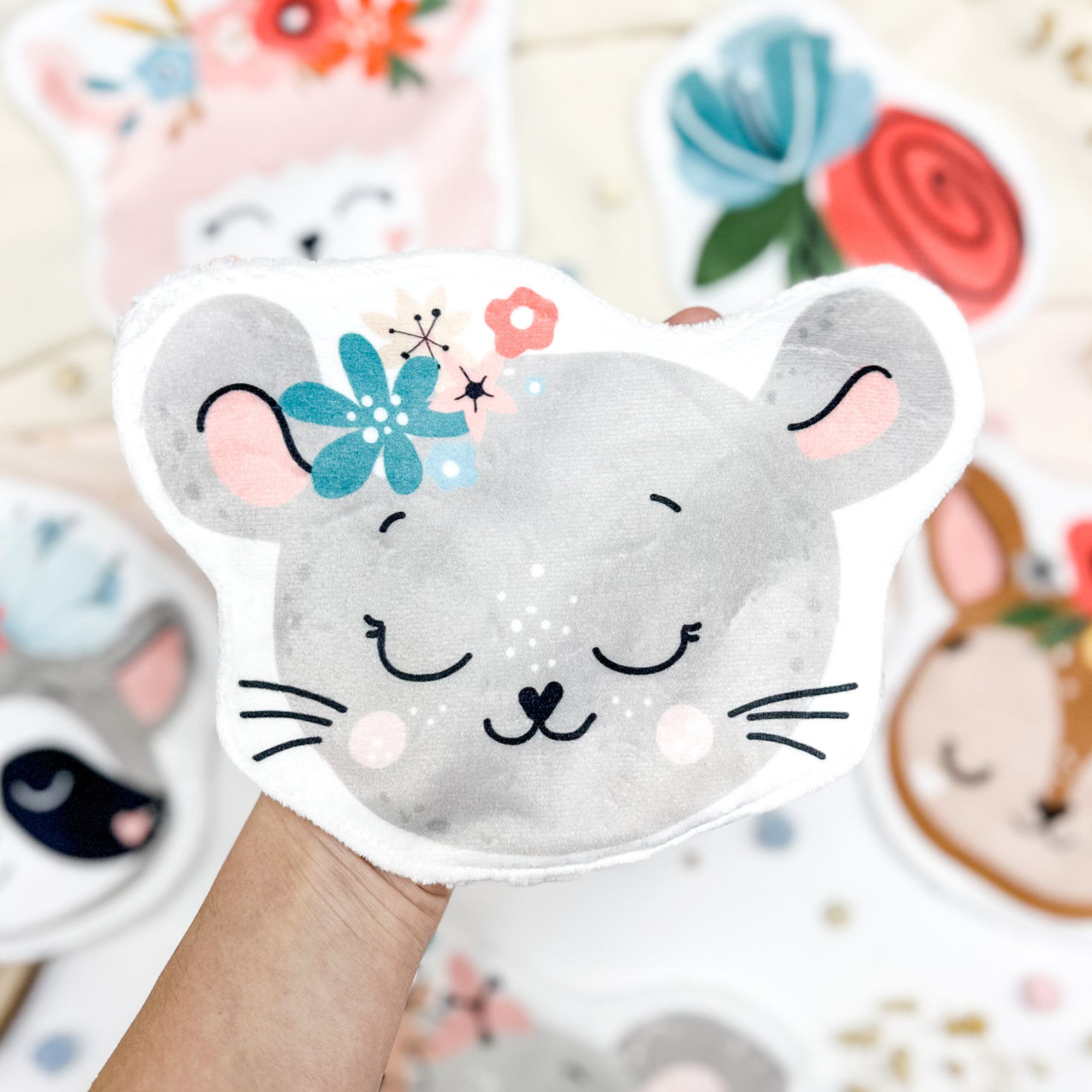 Coton lavable bébé XXL – souris avec fleurs – coton réutilisable et ultra doux