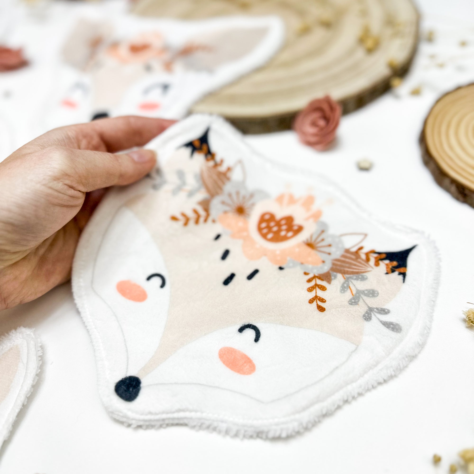 Coton lavable bébé XXL renard avec fleurs – coton réutilisable doux et pratique